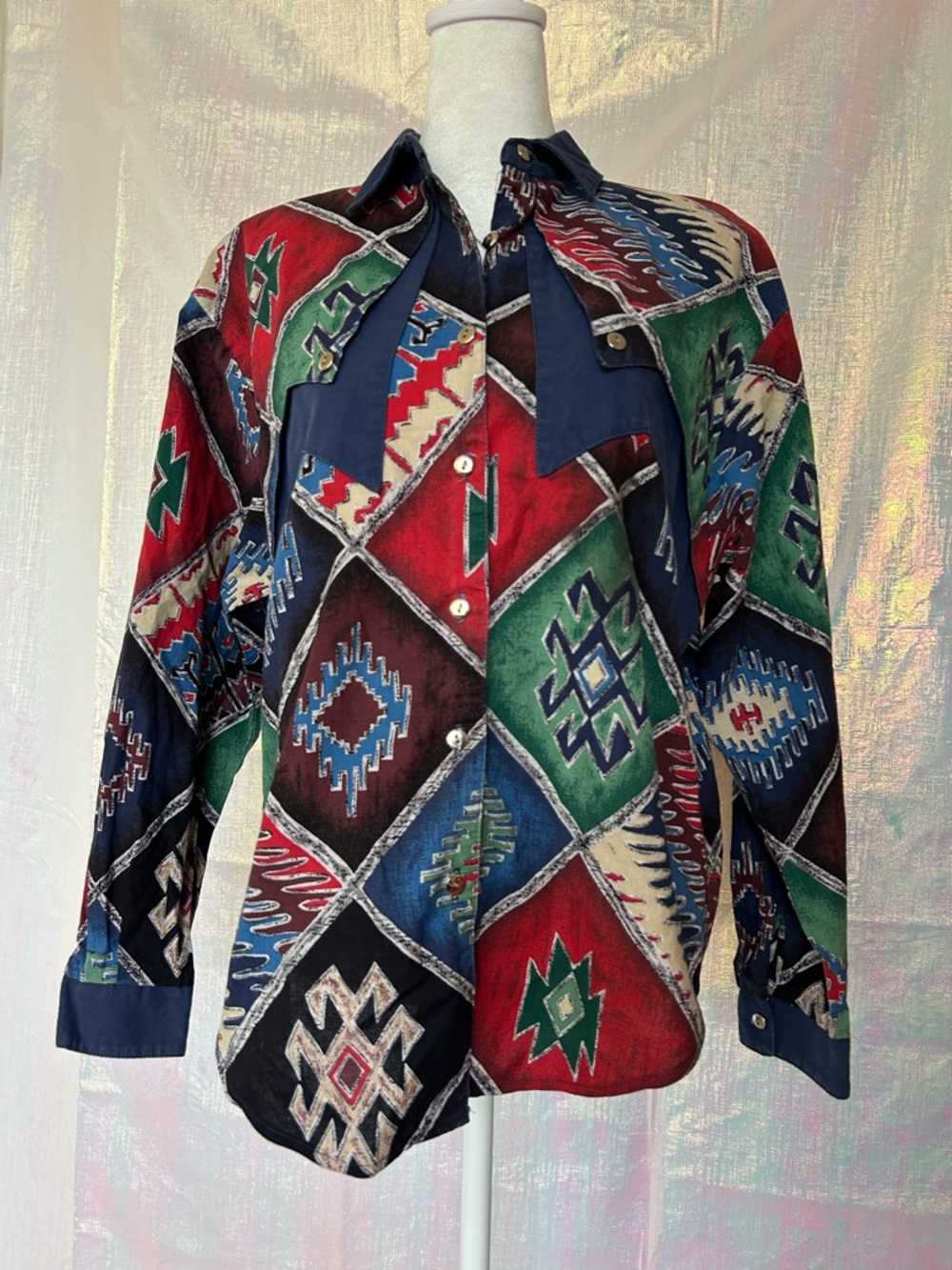 Vintage 80s Roughrider Southwestern Print Button-Down Shirt in Red, Green & Blue